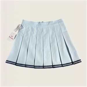 NWT Aritzia Sunday Best Olive Mini Pleated Skirt in Fluid Blue Striped Trim